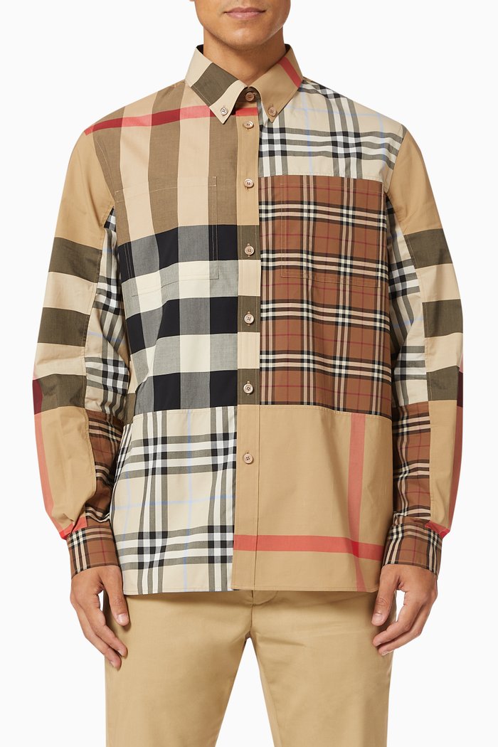 

Check Patchwork Shirt in Stretch Cotton Poplin, Brown