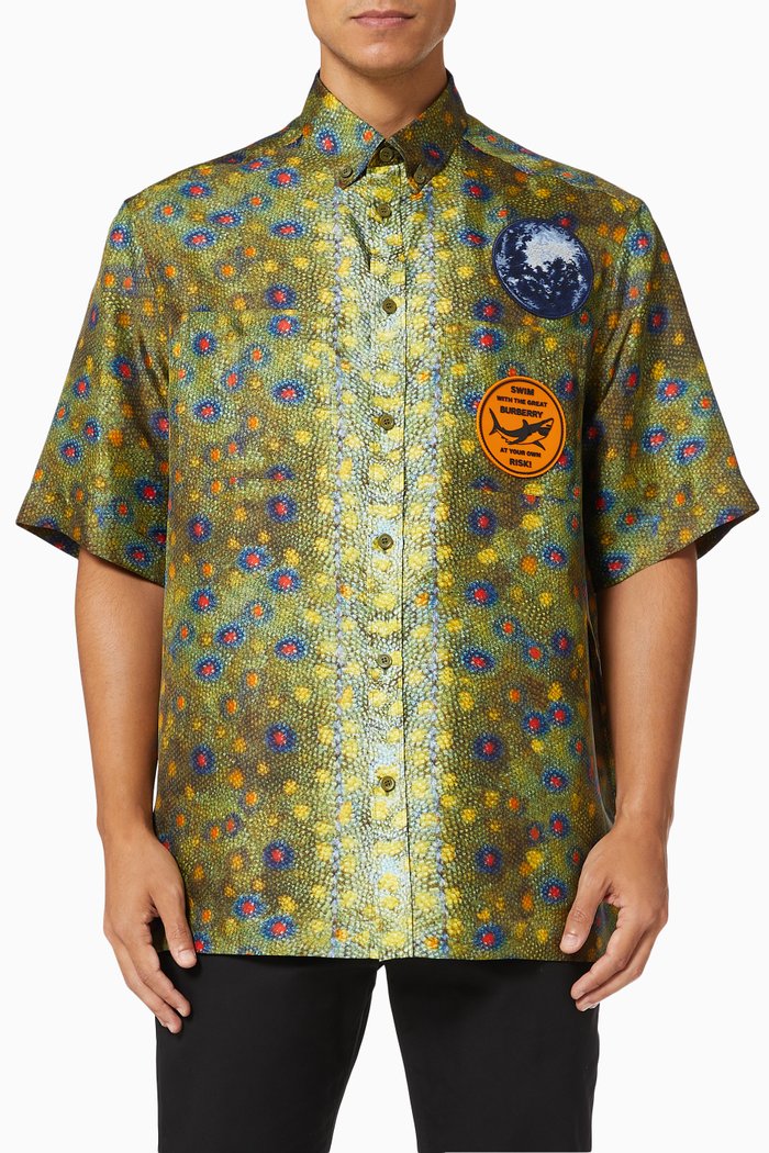 

Shirt with Graphic Appliqué in Fish-scale Print Silk, Neutral
