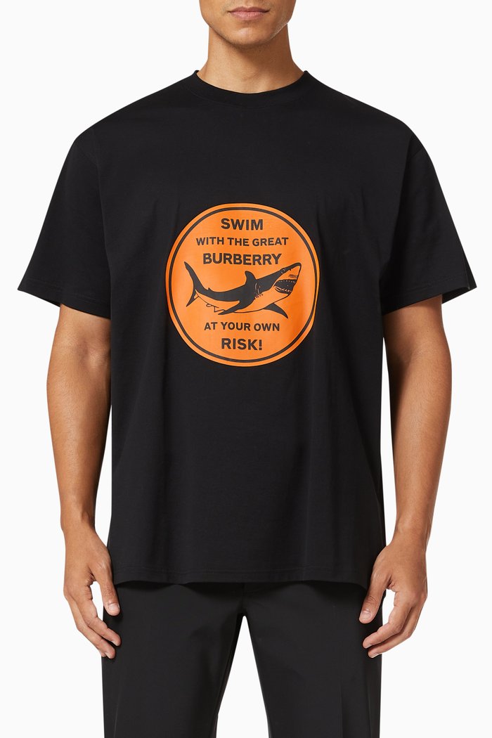 Oversized T-shirt with Shark Graphic in Cotton, Black