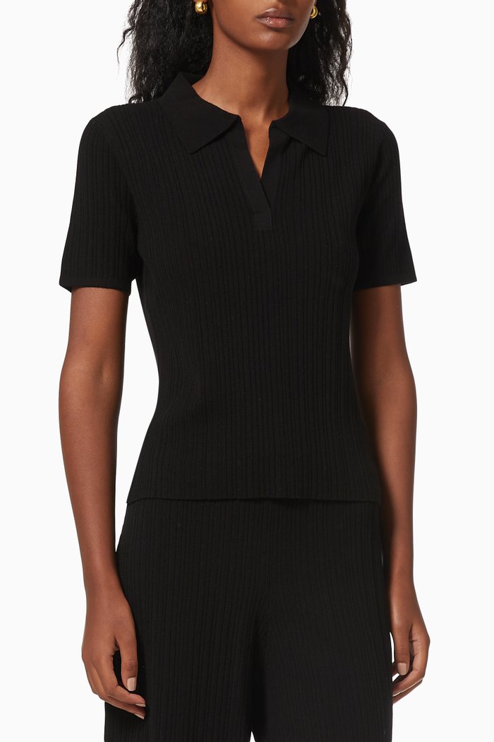 

Mock Rib Polo Top, Black