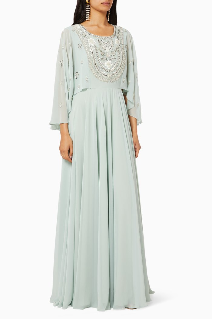 

Embroidered Cape Dress, Green