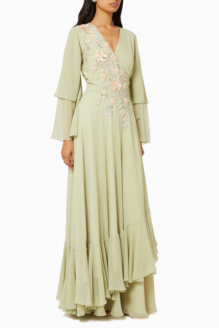 

Embroidered Wrap Dress, Green