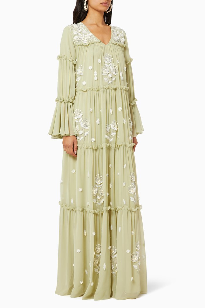

Tiered Embroidered Dress, Green