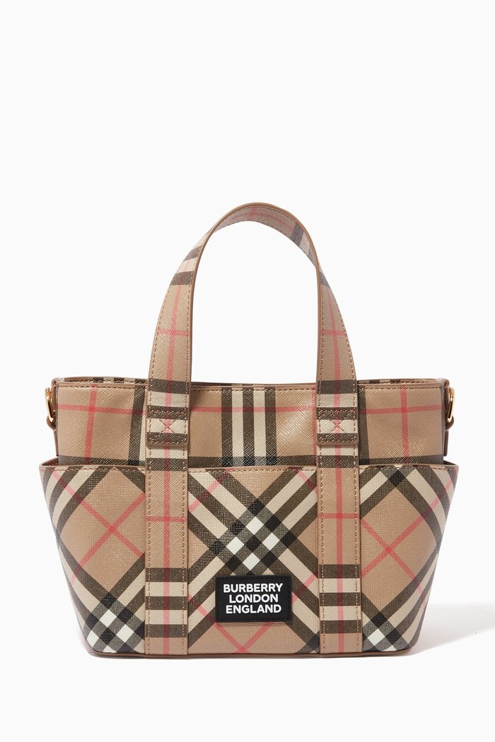 

Tote Bag with Logo Appliqué in Vintage Check E-canvas, Neutral