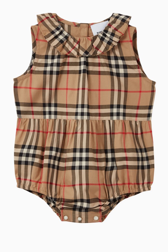

Ruffle Collar Vintage Check Cotton Bodysuit, Neutral