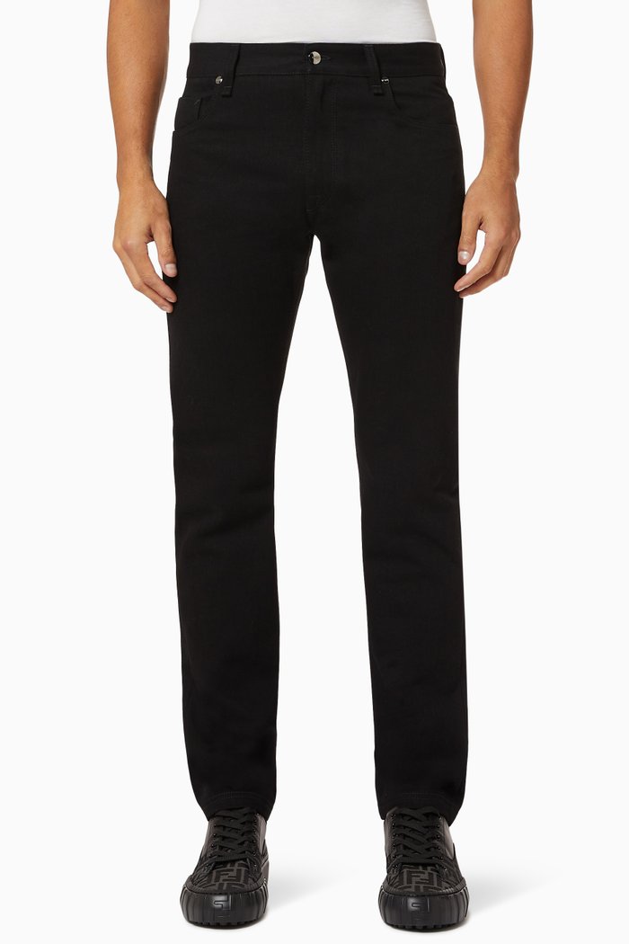 

FF Embroidered Slim-fit Jeans in Cotton Denim, Black