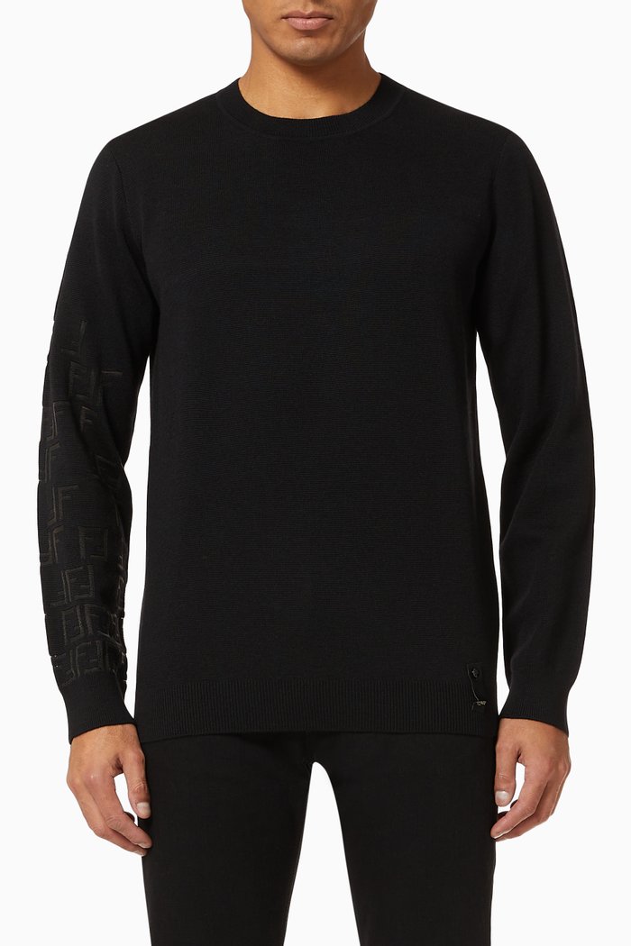 

FF Motif Inlay Sweater in Wool Knit, Black