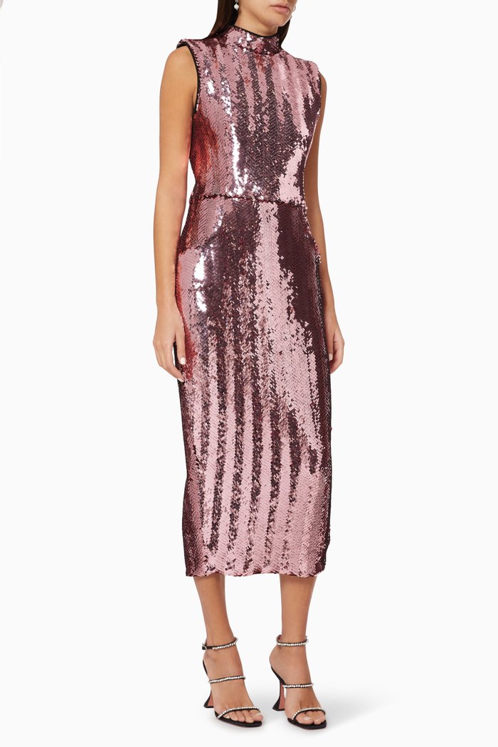 Mirrored Stretch Sequin Midi Dress, Pink