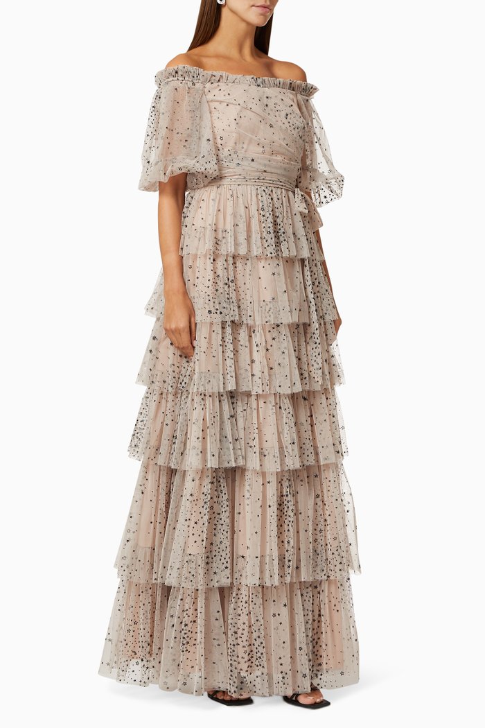 

Shimmer Layered Frill Dress, Neutral