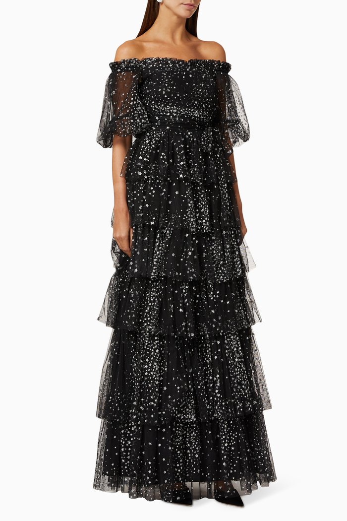 

Shimmer Layered Frill Dress, Black