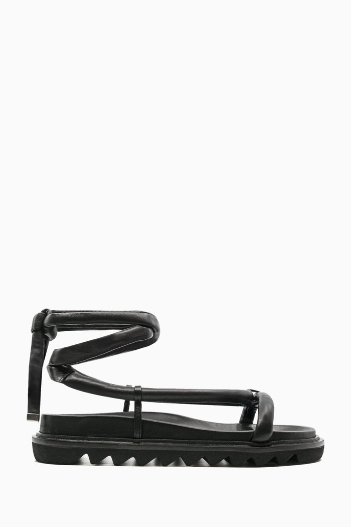 

Tubular Wrap Flat Sandals in Leather, Black