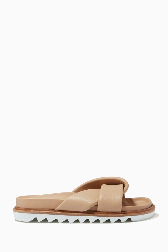 

Padded Band Slide Sandals in Leather, Neutral