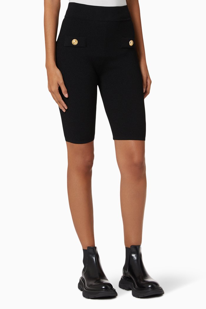 

Knit Cycling Shorts with Buttons, Black