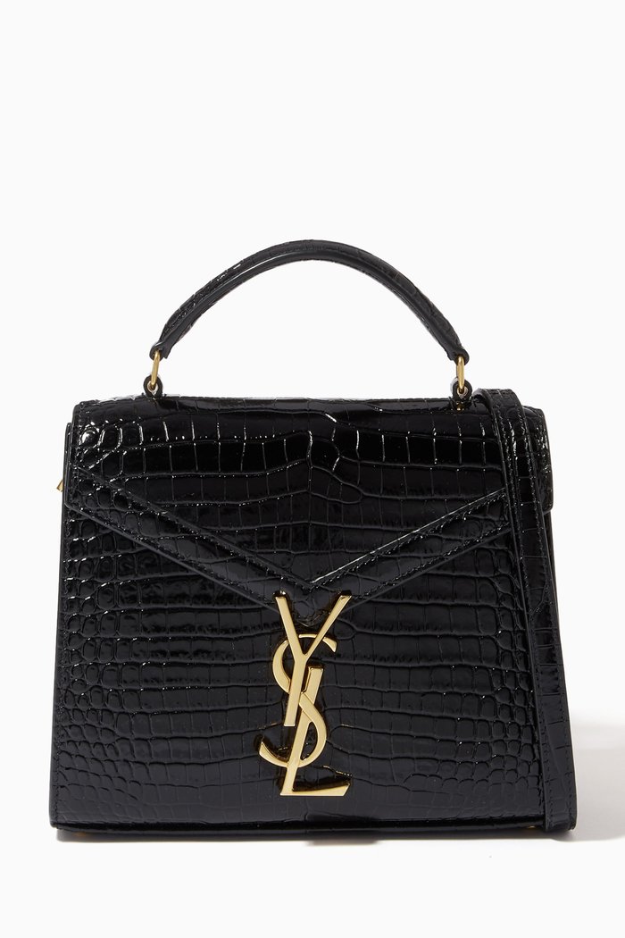 

Mini Cassandra Top Handle Bag in Croc-embossed Shiny Leather, Black