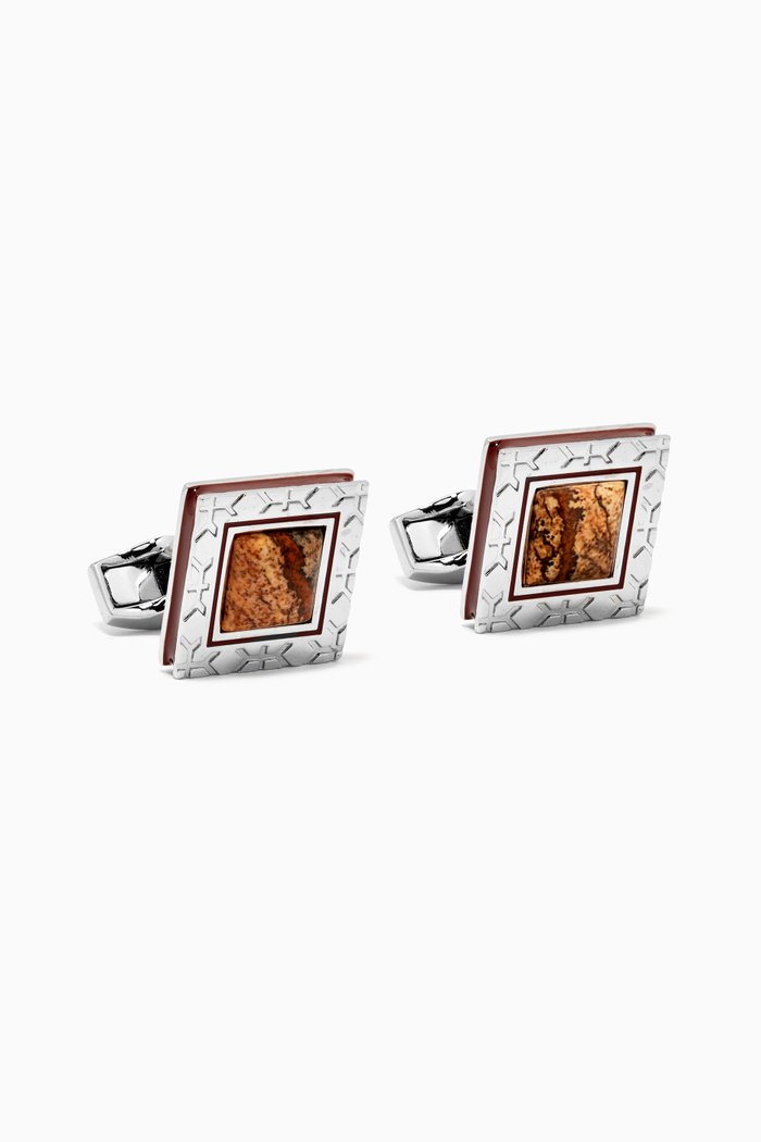 

Square Cufflinks in White Bronze Plating & Jasper Cabochan, Brown