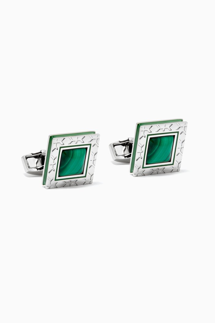

Square Cufflinks in White Bronze Plating & Malachite Cabochan, Green