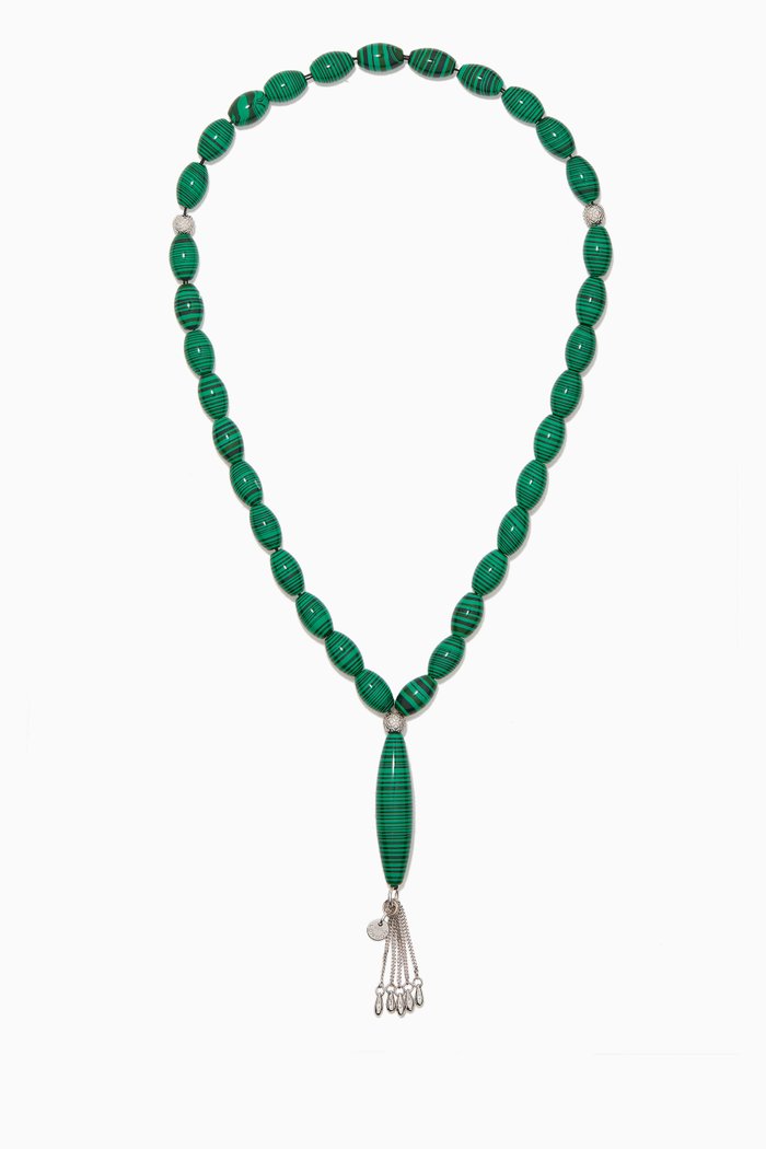 Oval Worry Beads in Malachite in Sterling Silver, Green