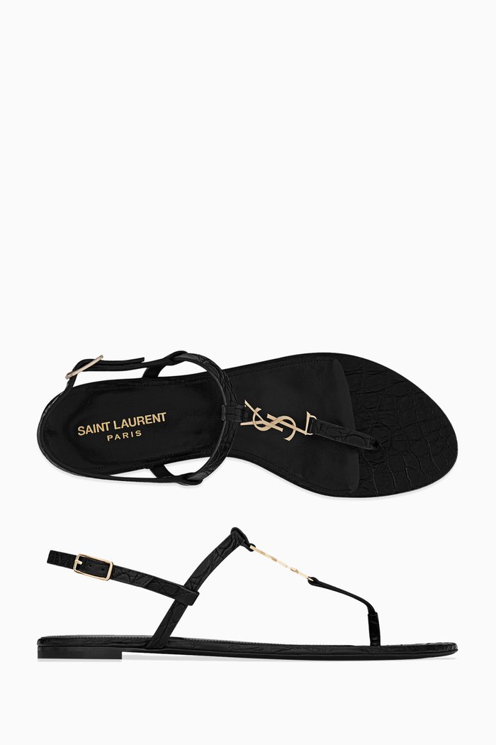 

Cassandra Monogram Flat Sandals in Patent Croc-embossed Leather, Black