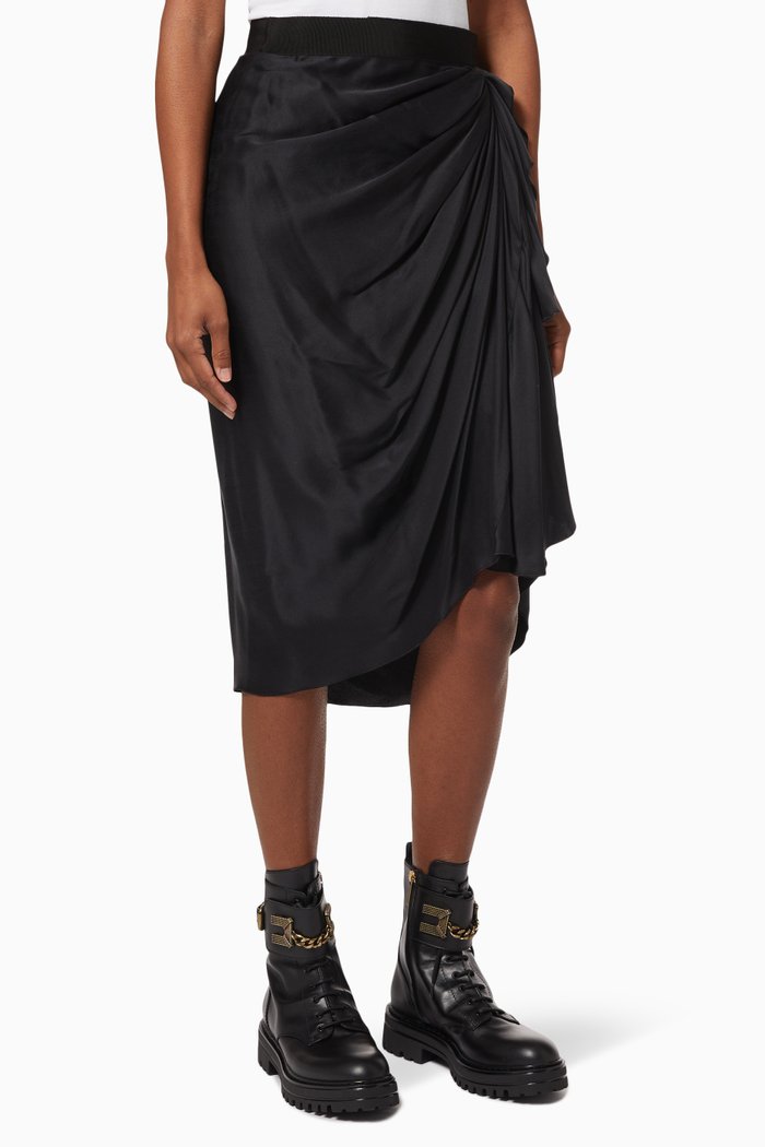 

Draped Silk Satin Midi Skirt, Black