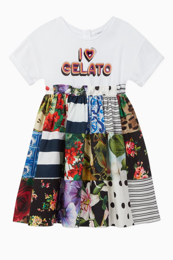 

"I Love Gelato" Dress in Cotton Jersey and Patchwork Poplin, Multicolour
