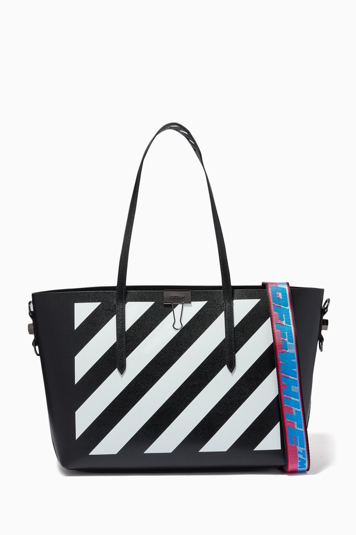 

Diagonal Stripe Shopper Tote Bag in Leather, Black