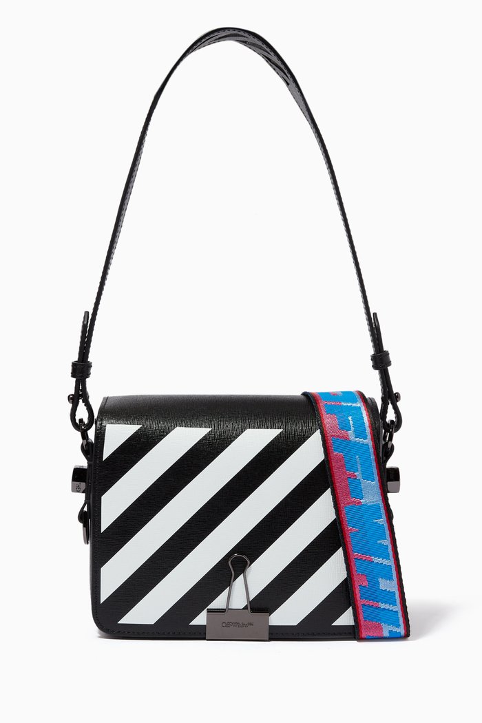 Diagonal Stripe Flap Bag in Leather, Black