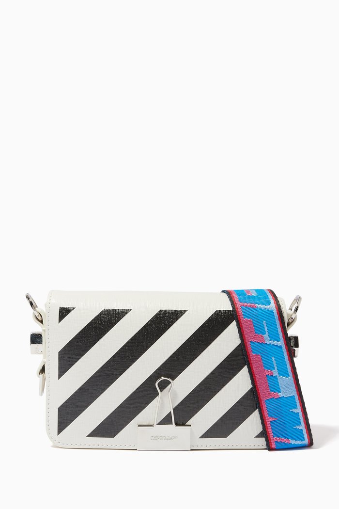 

Diagonal Stripe Mini Flap Bag in Leather, White