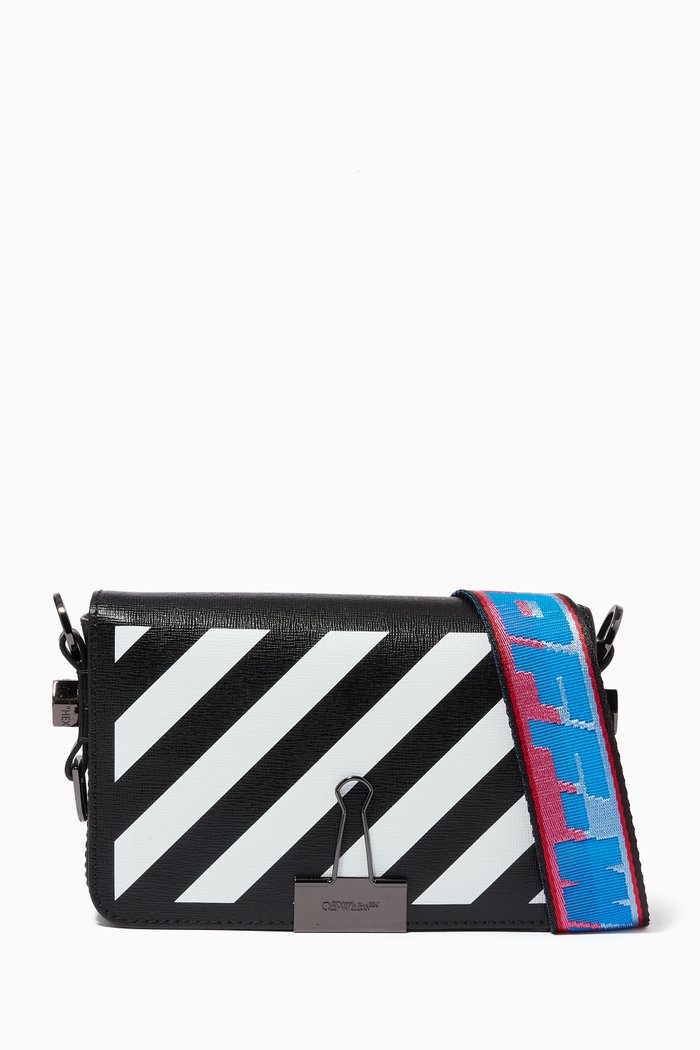 

Diagonal Stripe Mini Flap Bag in Leather, Black