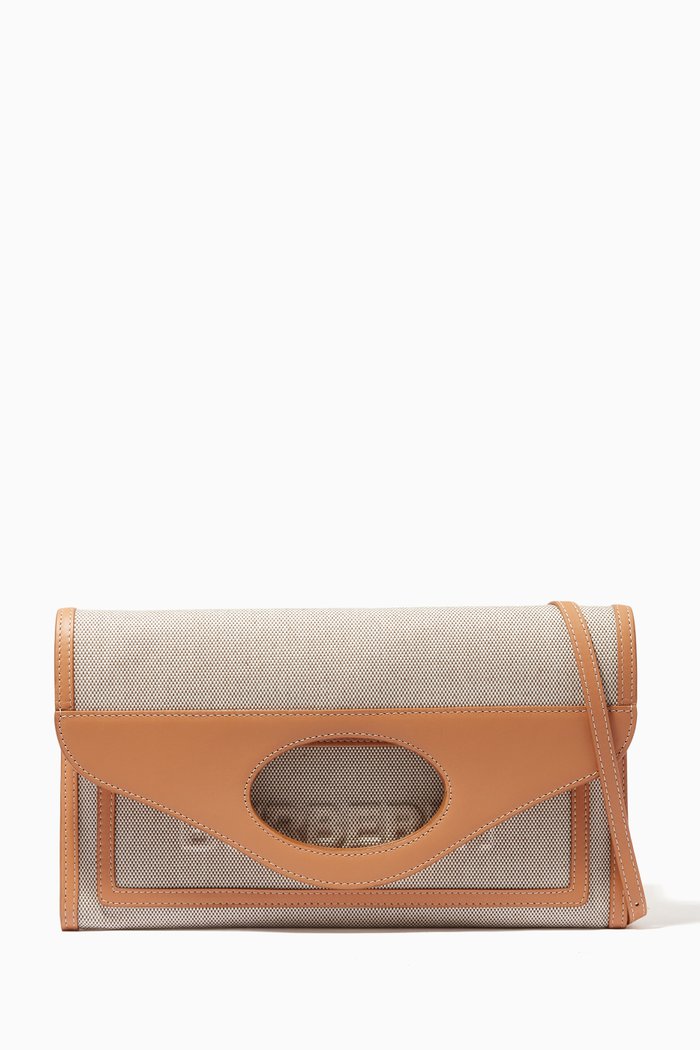 

Small Pocket Clutch in Canvas & Leather, Brown