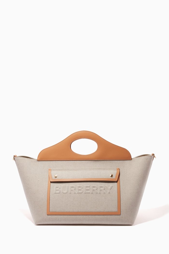 Medium Pocket Tote Bag in Cotton Canvas & Leather, Brown