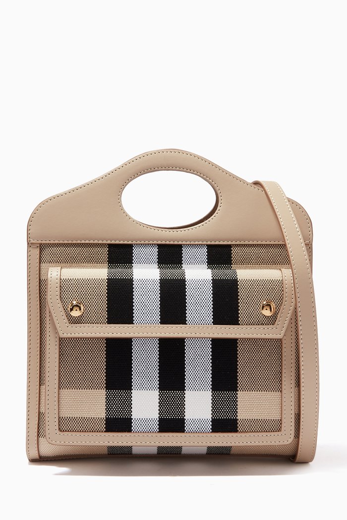 

Mini Pocket Bag in Check Canvas & Leather, Neutral