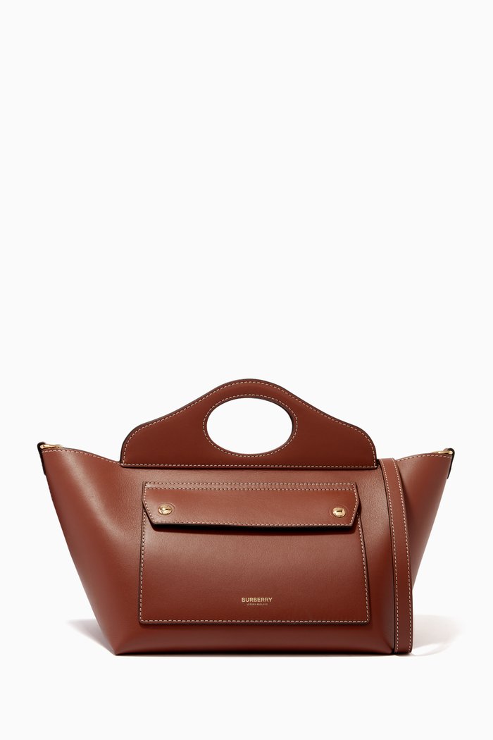 Mini Pocket Tote Bag in Topstitched Leather, Brown