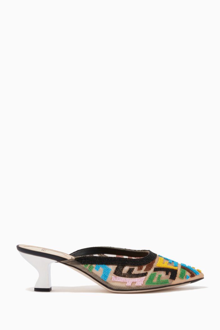 

FF Vertigo Motif Mules in Mesh & Beaded Embroidery, Multicolour