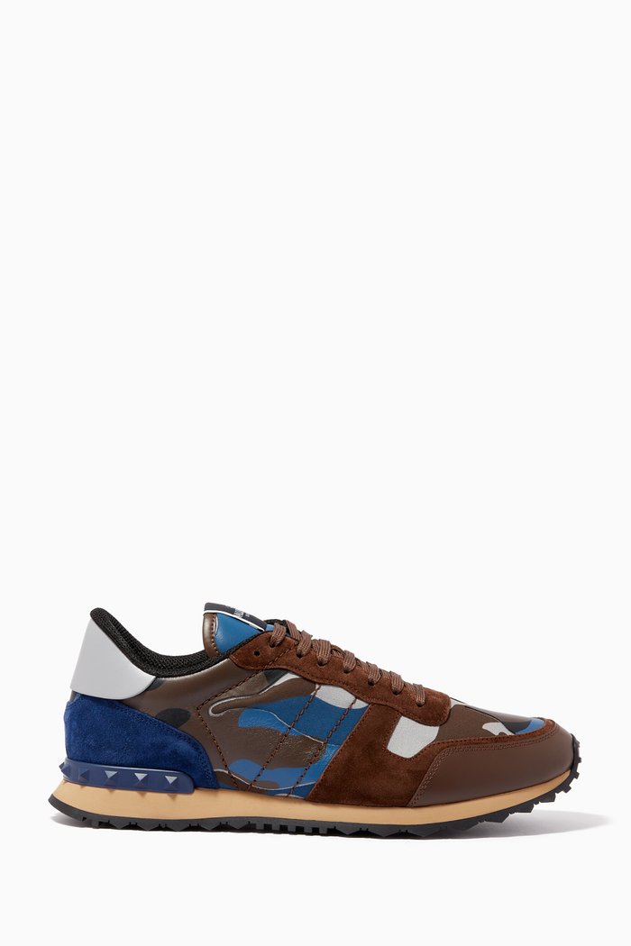 

Valentino Garavani Camouflage Rockrunner Sneakers in Leather & Fabric, Brown