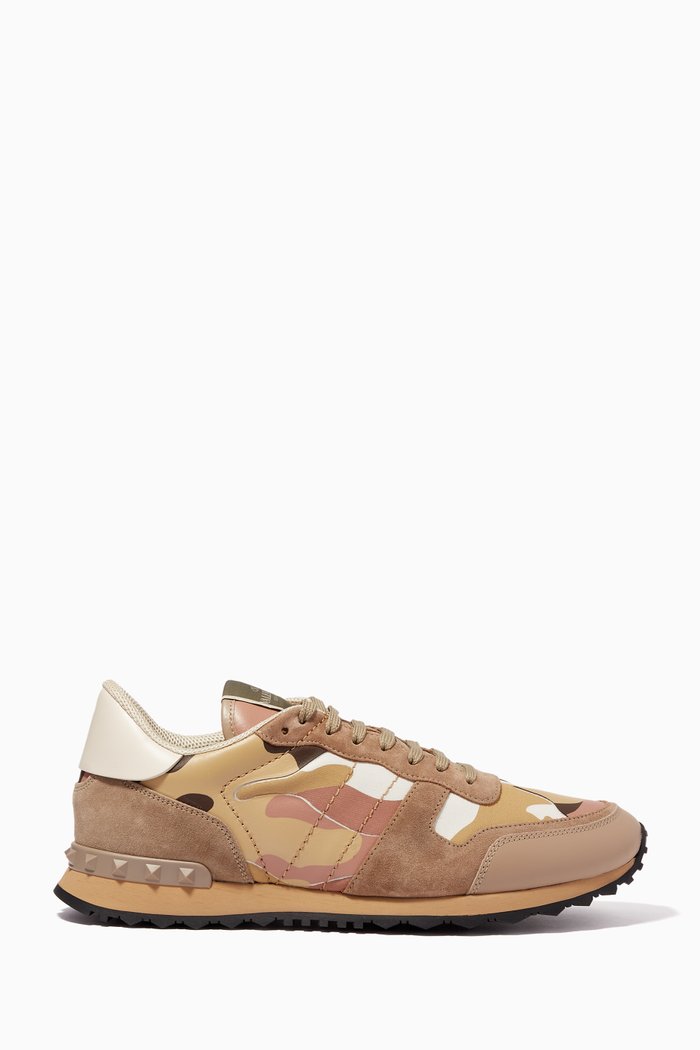 

Valentino Garavani Camouflage Rockrunner Sneakers in Leather & Fabric, Brown
