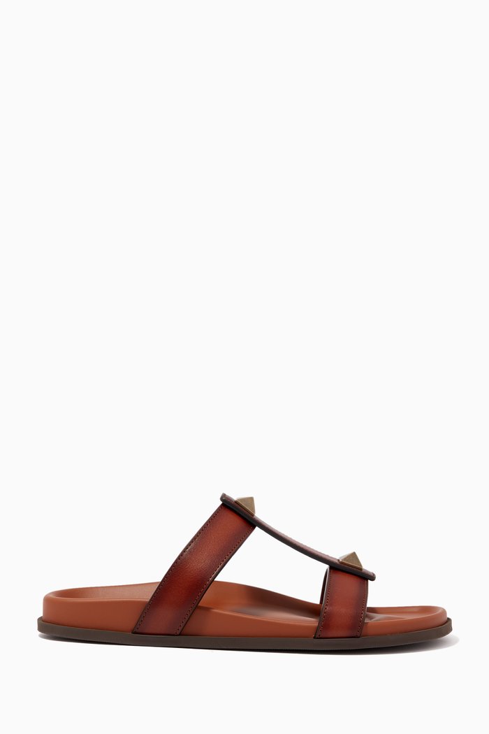 

Valentino Garavani Roman Stud Slide Sandals in Cowhide, Brown
