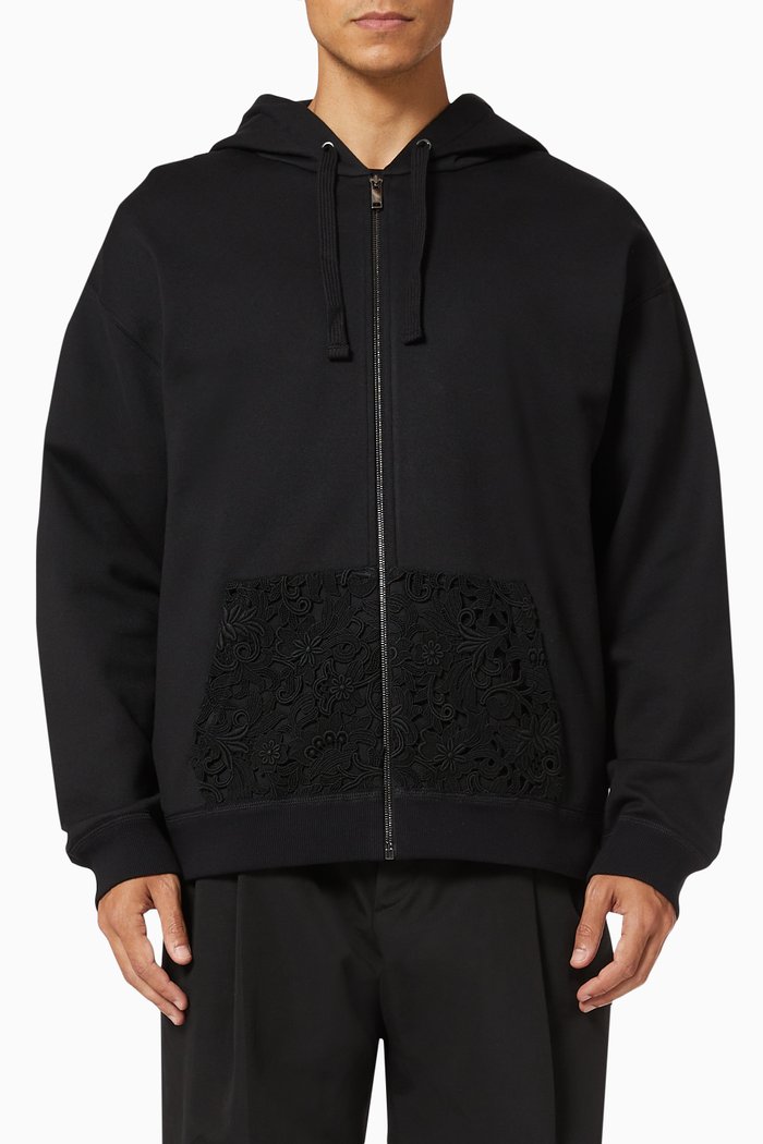 

Macramé Pocket Hooded Sweatshirt in Jersey, Black