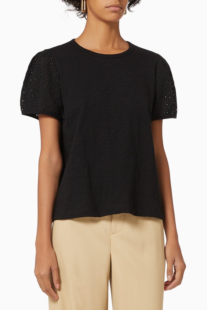 

Cotton T-shirt with Broderie Puff Sleeves, Black