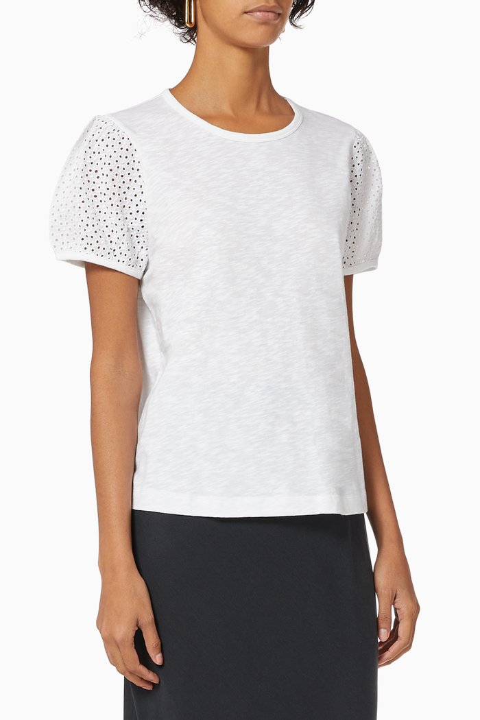 

Cotton T-shirt with Broderie Puff Sleeves, White