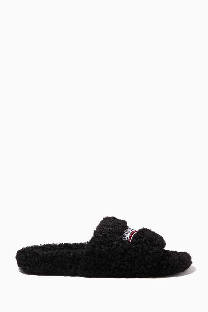 

Political Campaign Furry Slide Sandals in Faux Shearling, Black