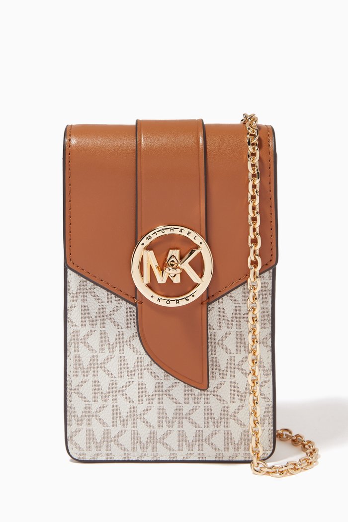 

Small Phone Crossbody in Leather & Logo Canvas, White