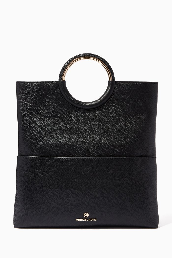 

Large Fold-over Clutch Bag in Leather, Black