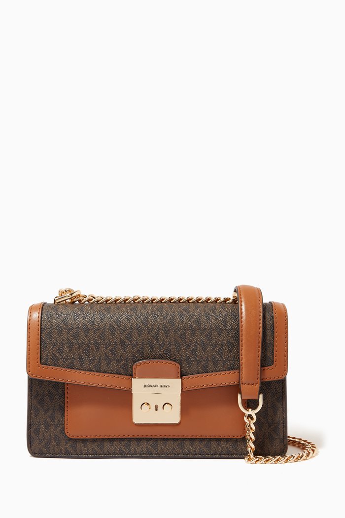 

Small Convertible Shoulder Bag in Logo Canvas & Leather, Brown