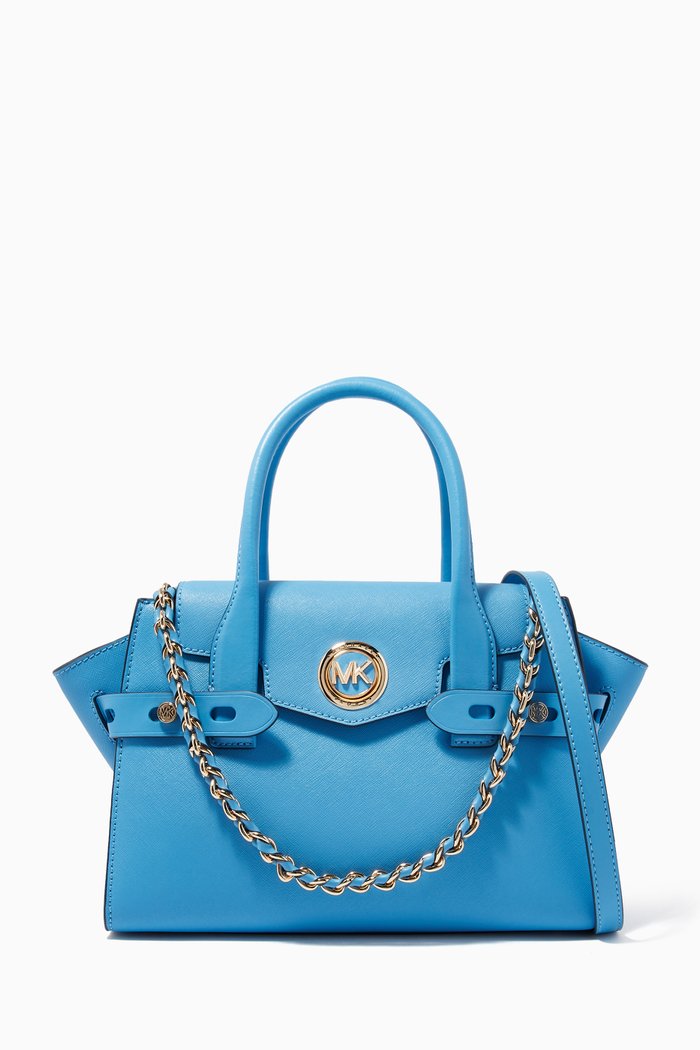 Small Carmen Satchel Bag in Saffiano Leather, Blue