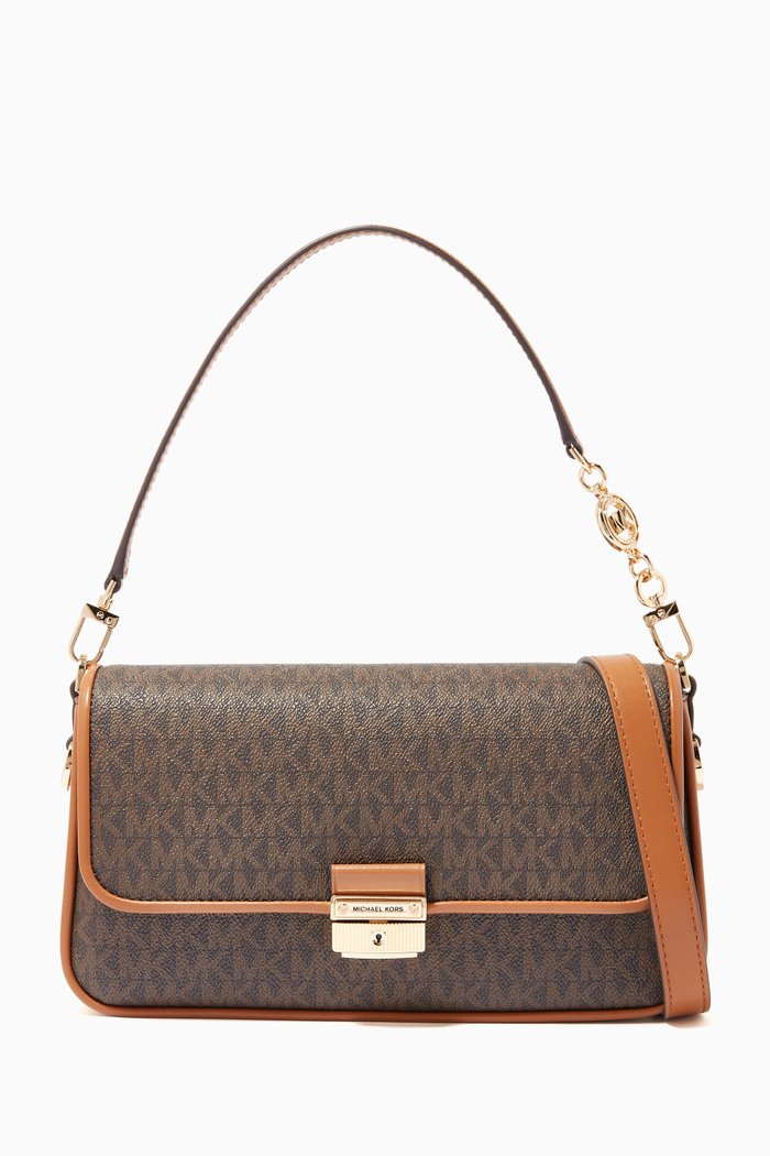 

Small Bradshaw Convertible Bag in Logo Canvas & Leather, Brown