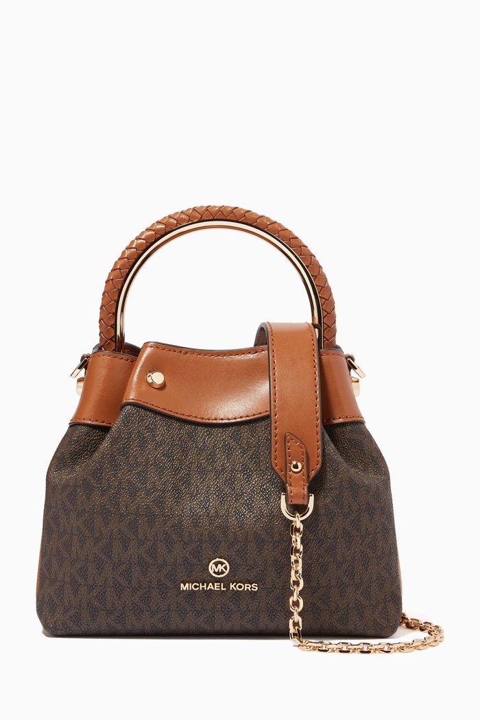 

Small Bucket Shoulder Bag in Logo Canvas, Brown