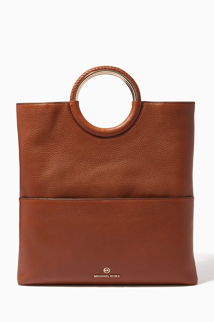 Large Fold-over Clutch Bag in Leather, Brown