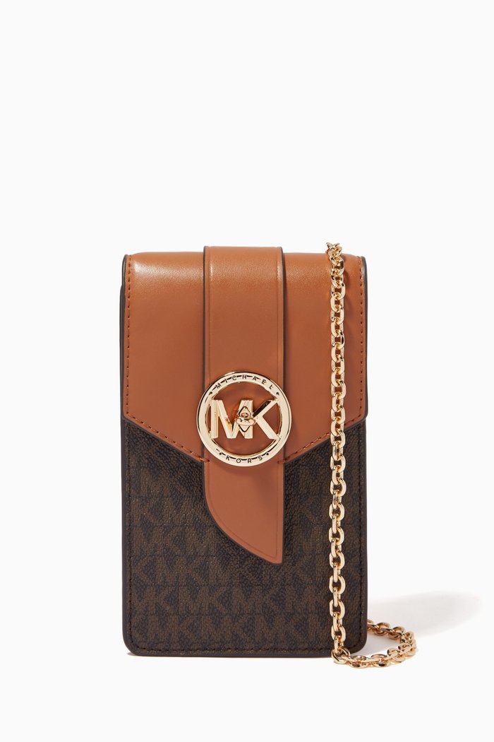 

Small Phone Crossbody in Leather & Logo Canvas, Brown