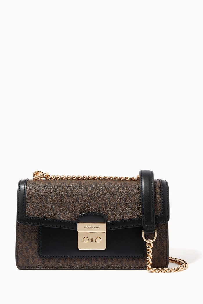 

Small Convertible Shoulder Bag in Logo Canvas & Leather, Brown