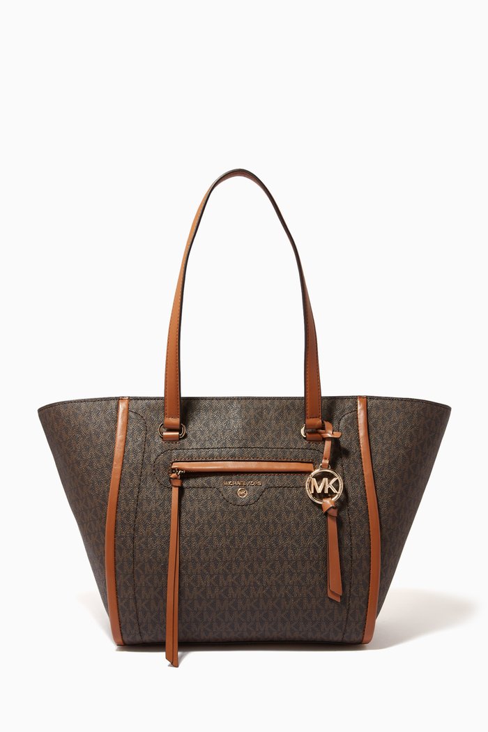 

Medium Carine Tote Bag in Logo Canvas & Leather, Brown